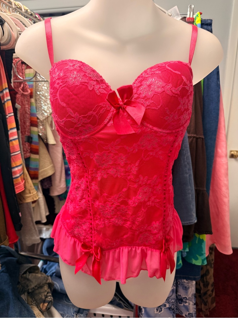 Lace Bustier Camisole with Bow Trim in Hot Pink